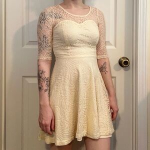 Cream Lace Quarter Length Sleeves Mini Skater Dress